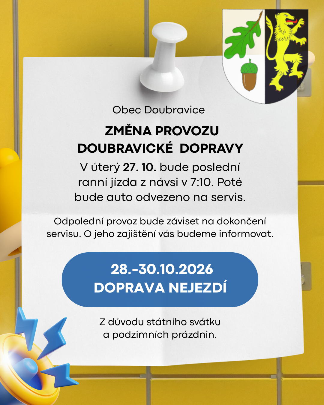 Změna provozu Doubravické dopravy 27.–30. října 2026