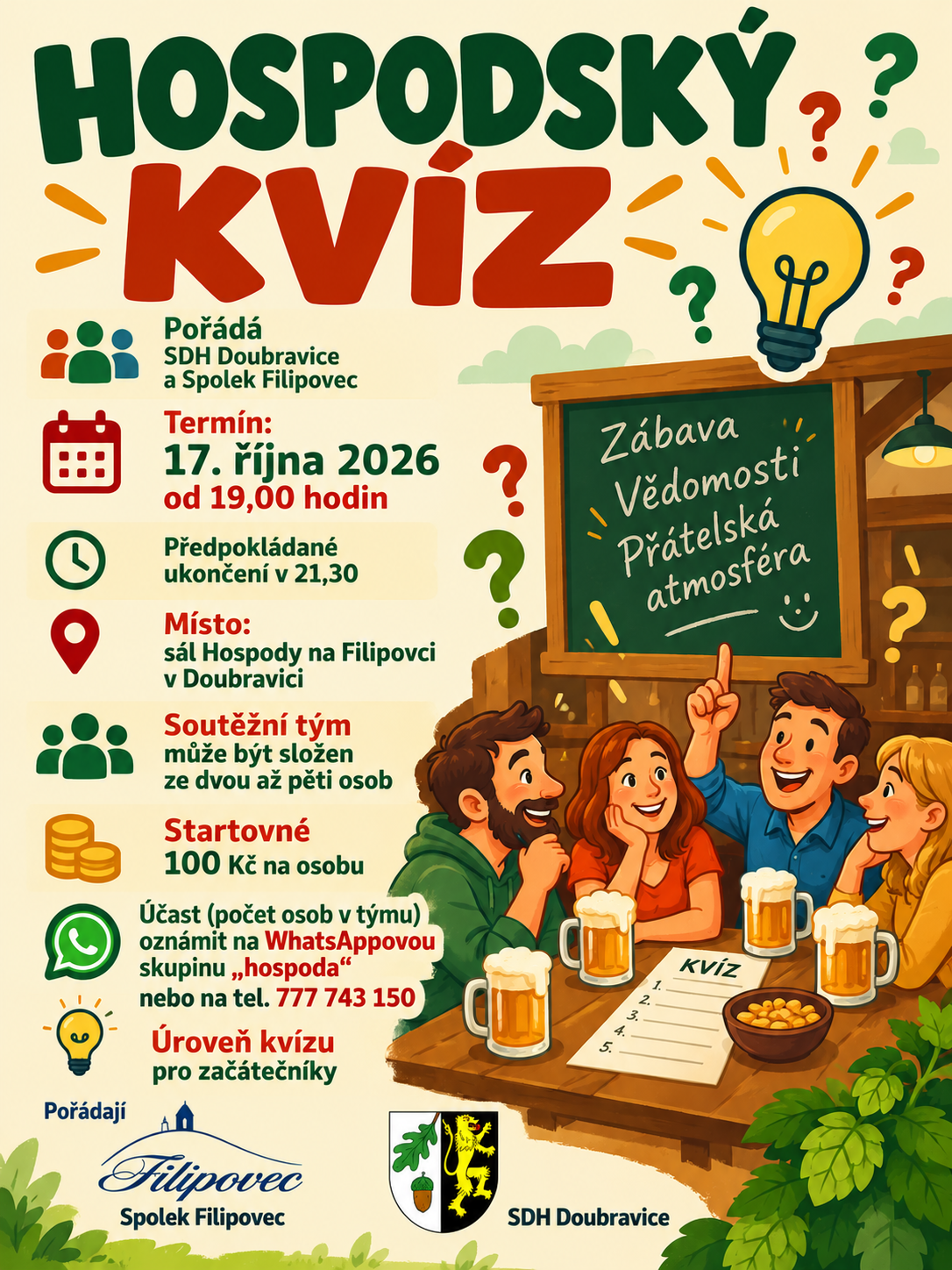 HOSPODSKÝ KVÍZ V DOUBRAVICI! 17.10.2026