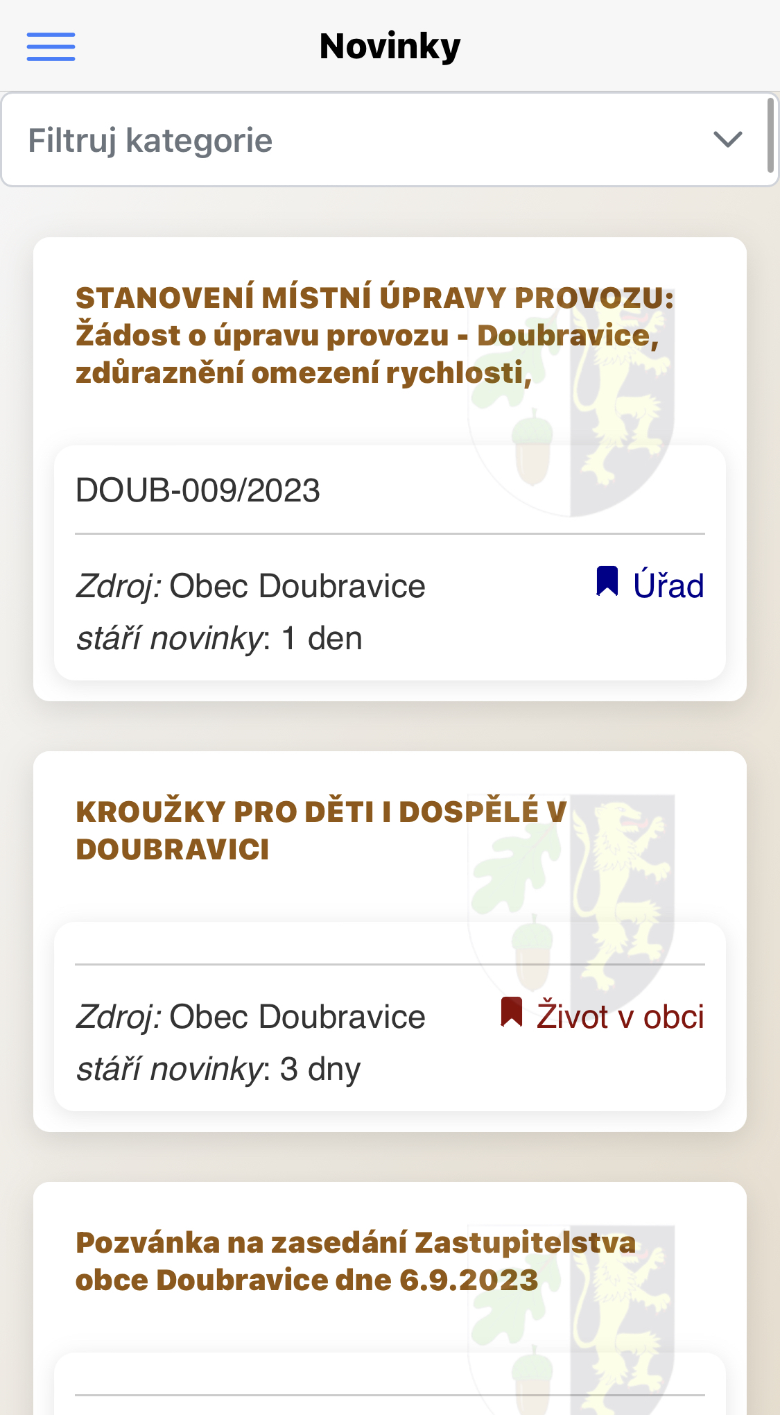 Mobilní aplikace ke sledování novinek na webu Doubravice