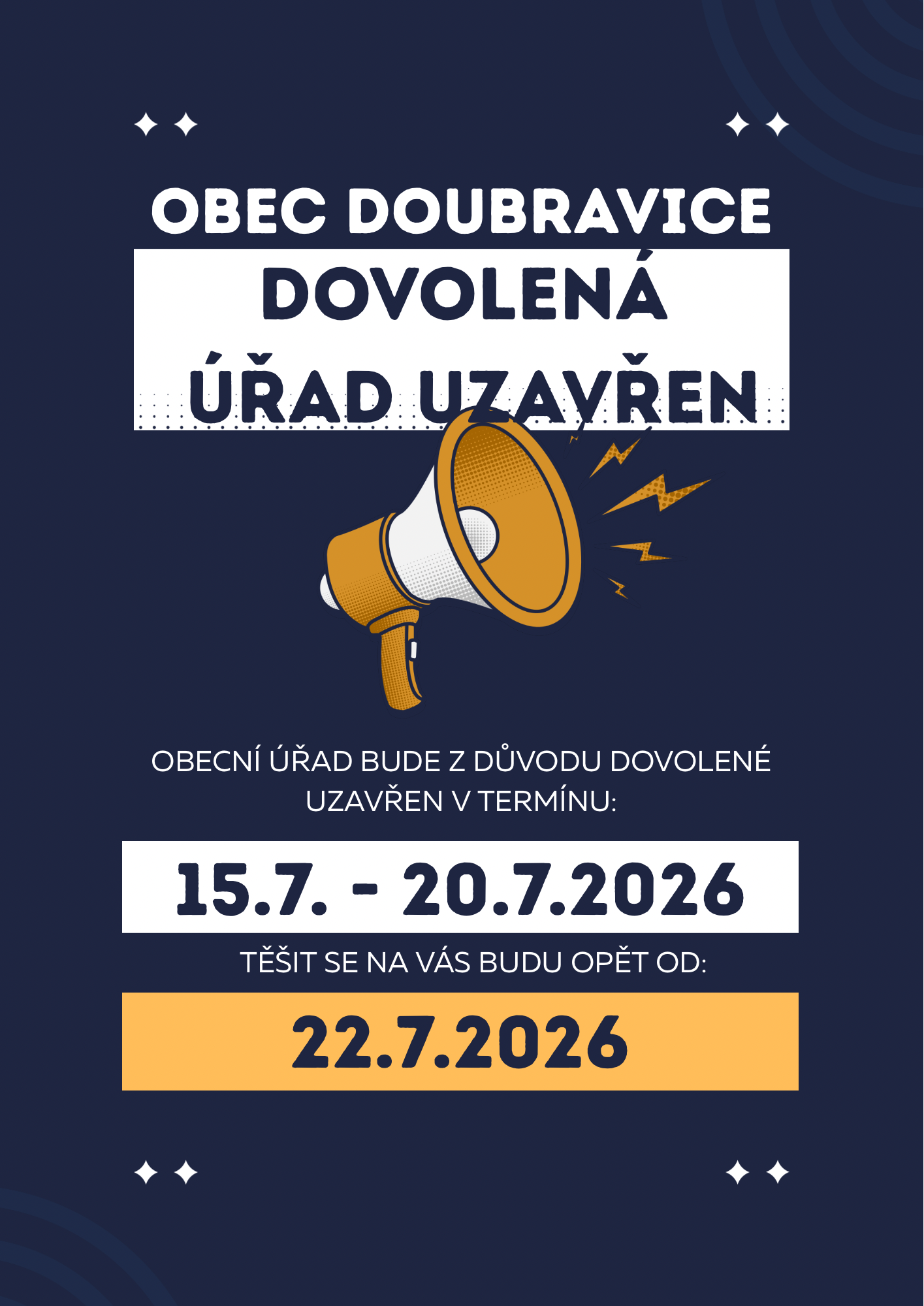 Dovolená – uzavření obecního úřadu 15.-20.7.2026